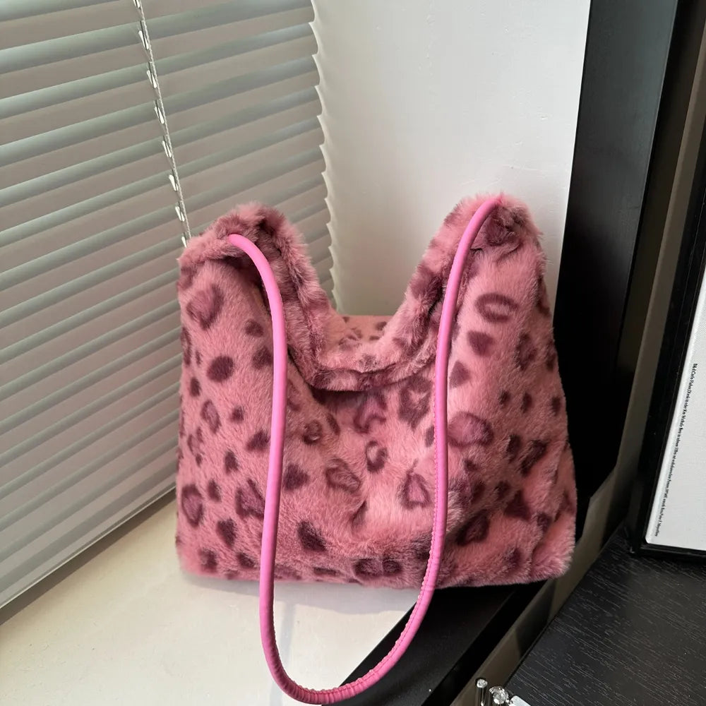 Leopard Print Shoulder Bag Furry Crossbody Spacious Lightweight Stylish Accessory