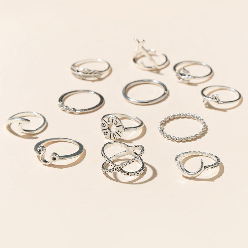 12pc Midi Ring Set Silver Vintage Design Moon Feather Rings Jewellery