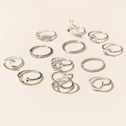 12pc Silver Midi Ring Set Vintage Moon Feather Fashion Jewellery Accessories