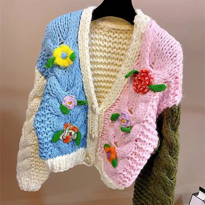 Women's Knitted Floral Flower Cardigan Sweater Button Closure Casual V-Neck