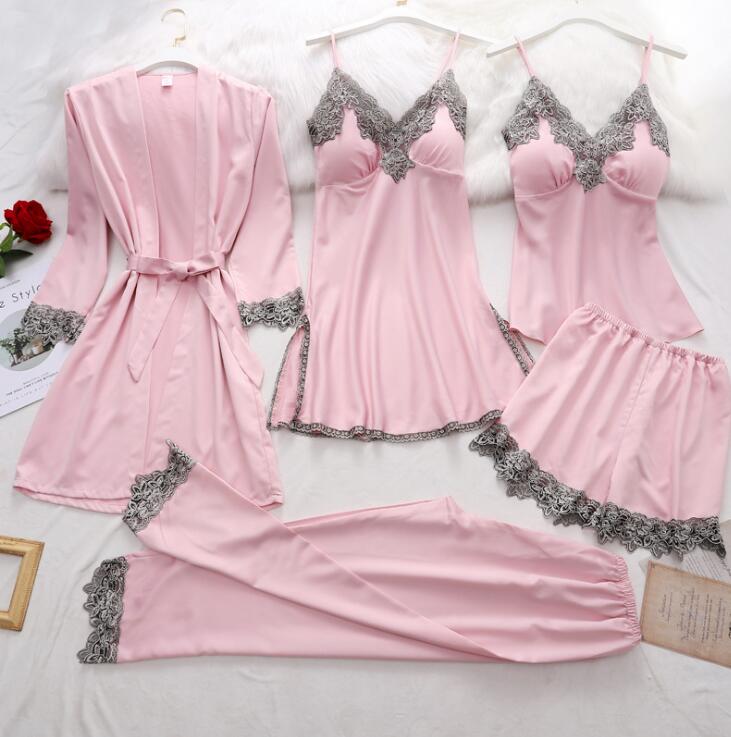 Women's 5-Piece Silk Pajama Set Elegant Lace Trim Sleepwear Nightwear Robe Lounge