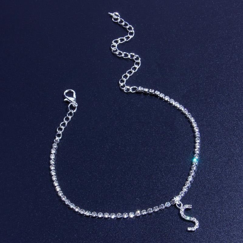 Silver 26 Initial Letter Alphabet Crystal Anklet Women's Jewellery Gift