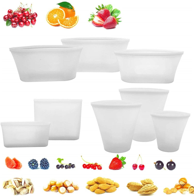 Silicone Reusable Food Storage Containers Set Zip Seal Cups Bowls S M L 8 Pack
