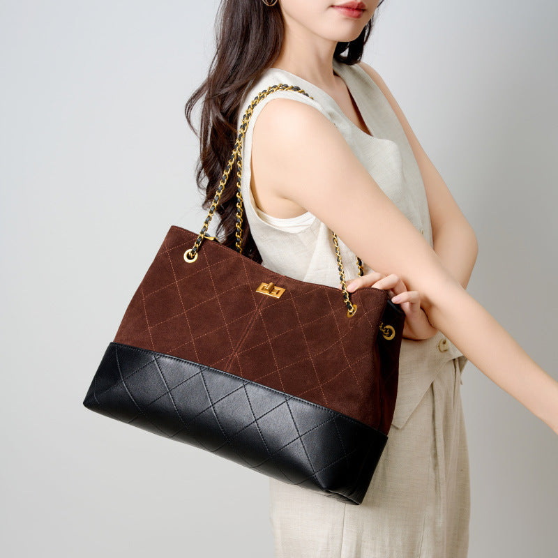 Luxury Suede Leather Shoulder Tote Crossbody Bag Chain Elegant Spacious Design