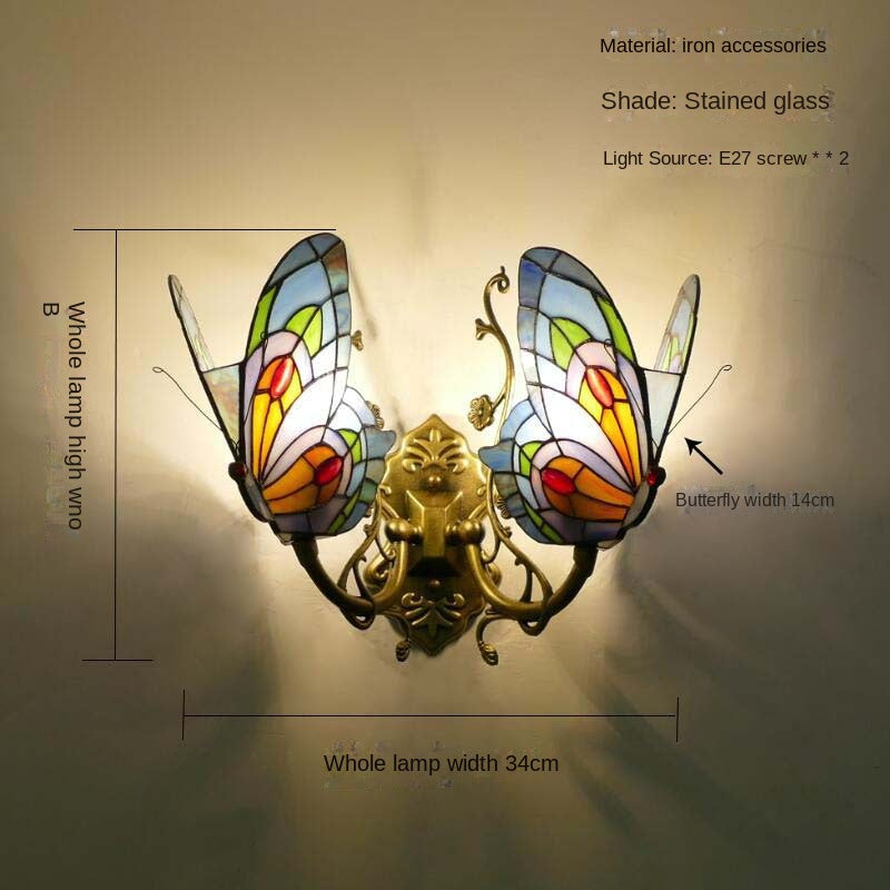 Home Butterfly LED Wall Lamp Stained Glass European Countryside Style Lighting