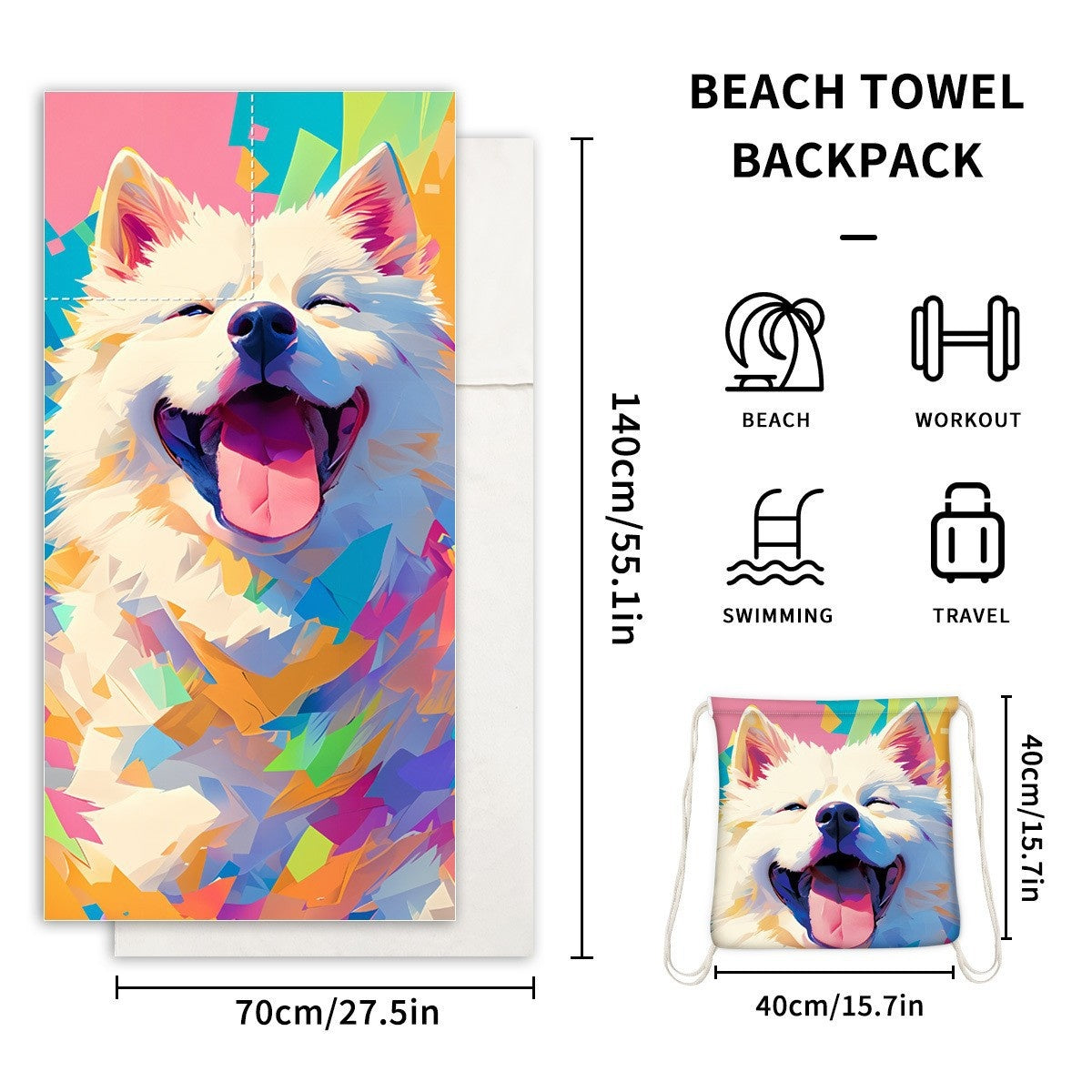 Microfiber Beach Towel Lightweight Quick Drying Pocket 70x140cm Extra Absorbent
