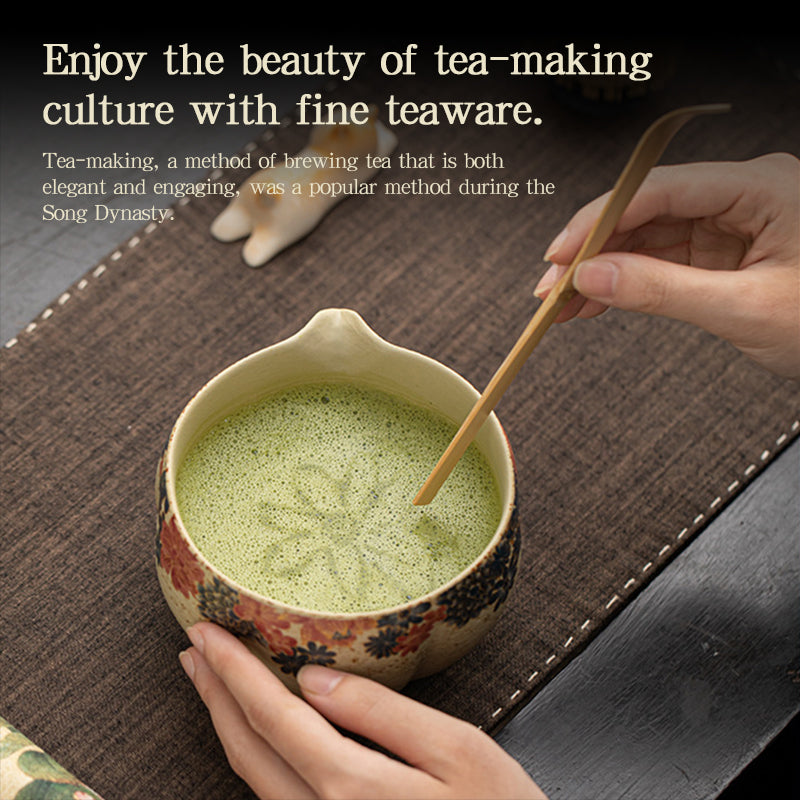 Japanese Flint Red Matcha Tea Kit 2-8 Pieces Bamboo Whisk Ceramic Bowl Storage