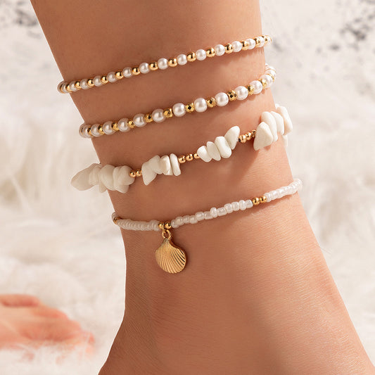 Set of 4 Beach Holiday Beaded Multi-layer Anklet Pearl Dangle Jewellery Womens