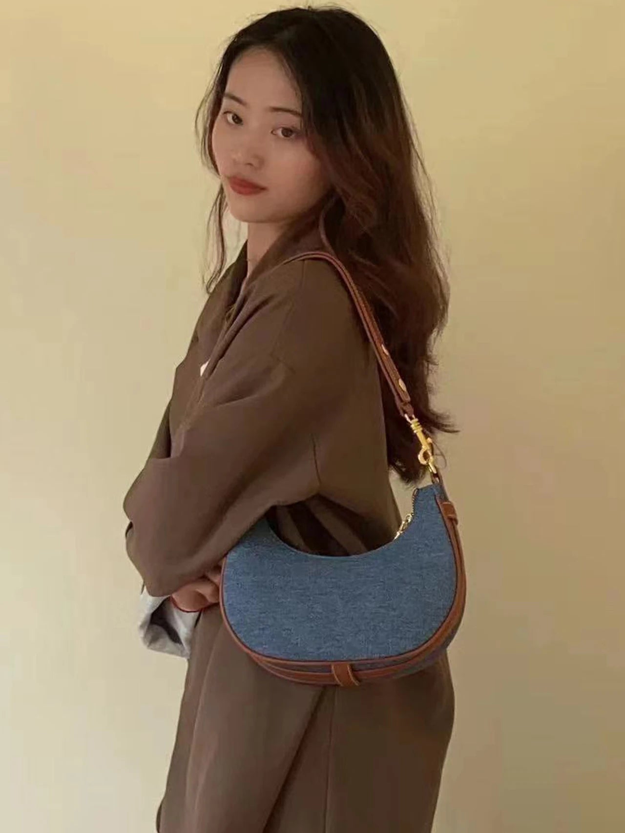 Luxury Denim Half Moon Shoulder Bag Vintage Canvas Crossbody Handbag