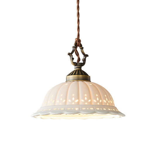 Copper LED Pendant Light Ceramic Shade Adjustable Height Bedroom Study Illumination