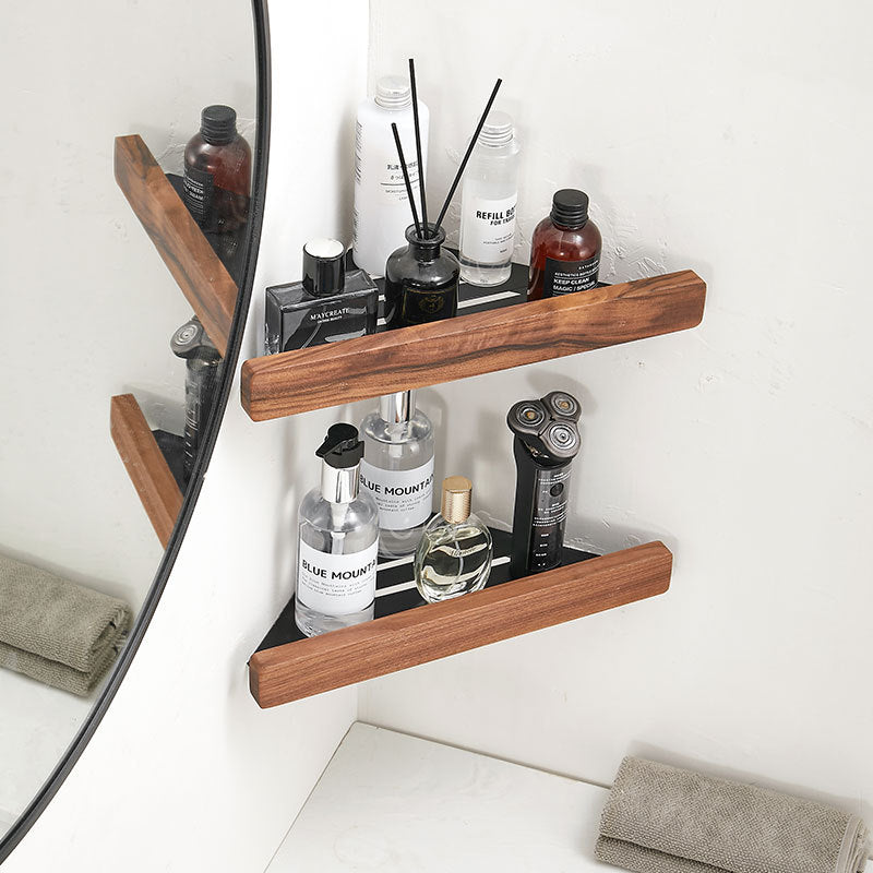 Bathroom Corner Shelf Rack Wood Aluminium Right Angled Triangle 35cm Single