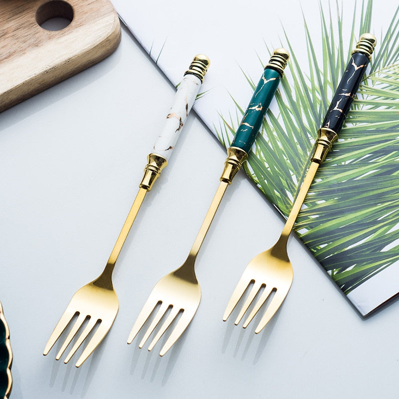 5pcs Ceramic Tableware Fork Spoon Knife Set Vintage Cutlery Set Stainless Steel