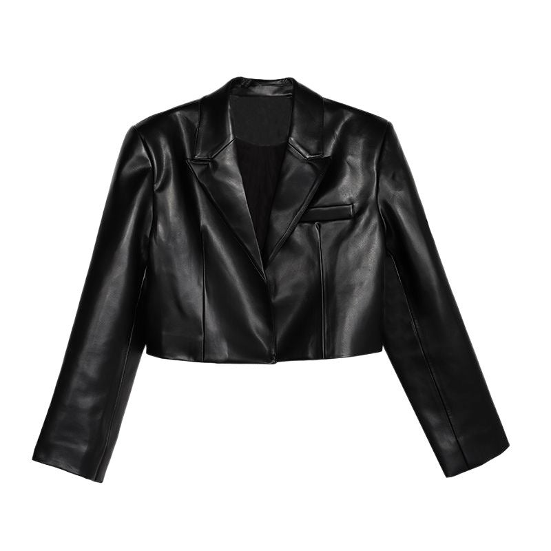 Women's Black Cropped Leather Jacket Long Sleeve Urban Style Fashion Trend