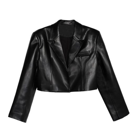 Women's Black Cropped Leather Jacket Long Sleeve Urban Style Fashion Trend