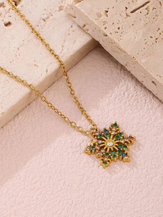 Stainless Steel Zircon Snowflake Necklace Gold-Tone Elegant Jewellery