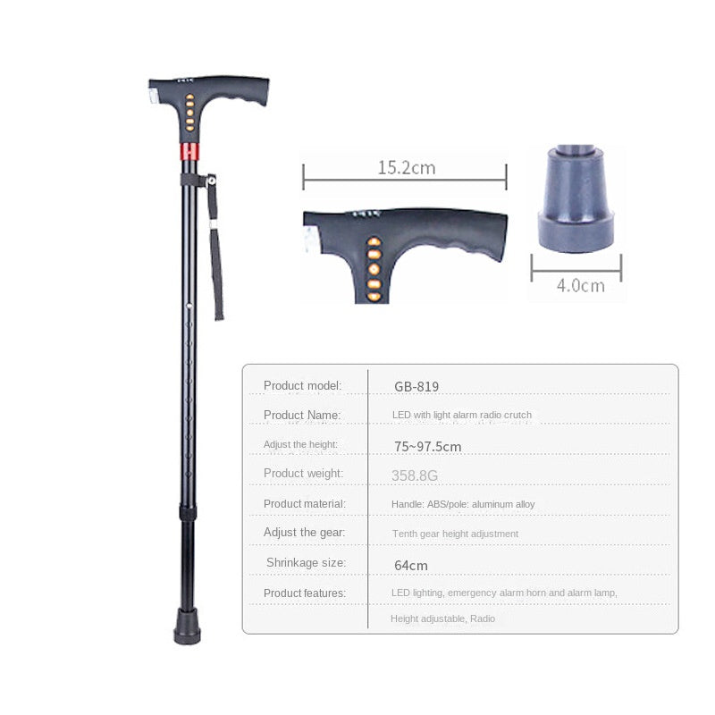 Adjustable Smart Walking Cane Elderly LED Safety Light Alarm Radio Grip Handle