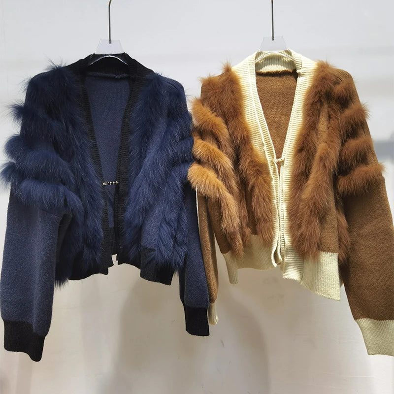 Women's Luxury Premium Faux Fur Oversized Sweater Coat Knitted Cardigan Black Khaki