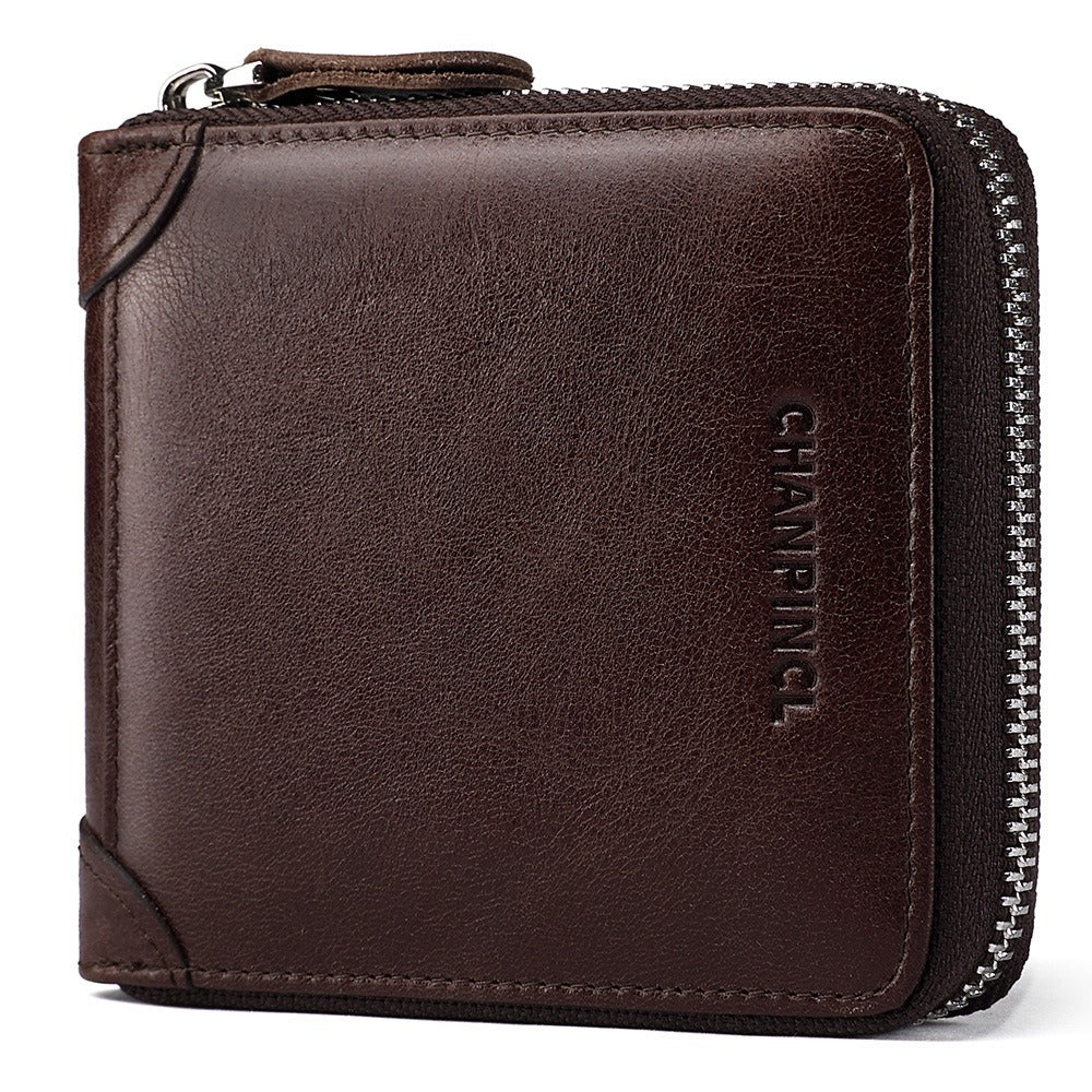 Men's Genuine Leather Zip Wallet Multi-Function Horizontal Style RFID Blocking