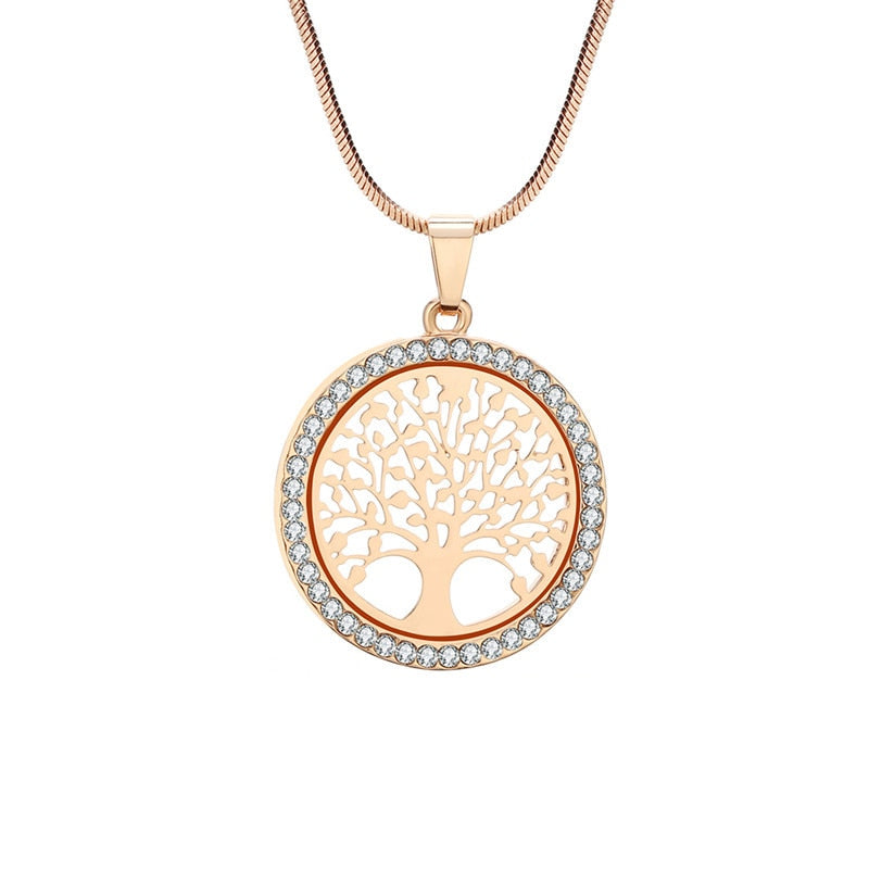 Silver Gold Rose Tree of Life Crystal Pendant Chain Necklace Gift Jewellery