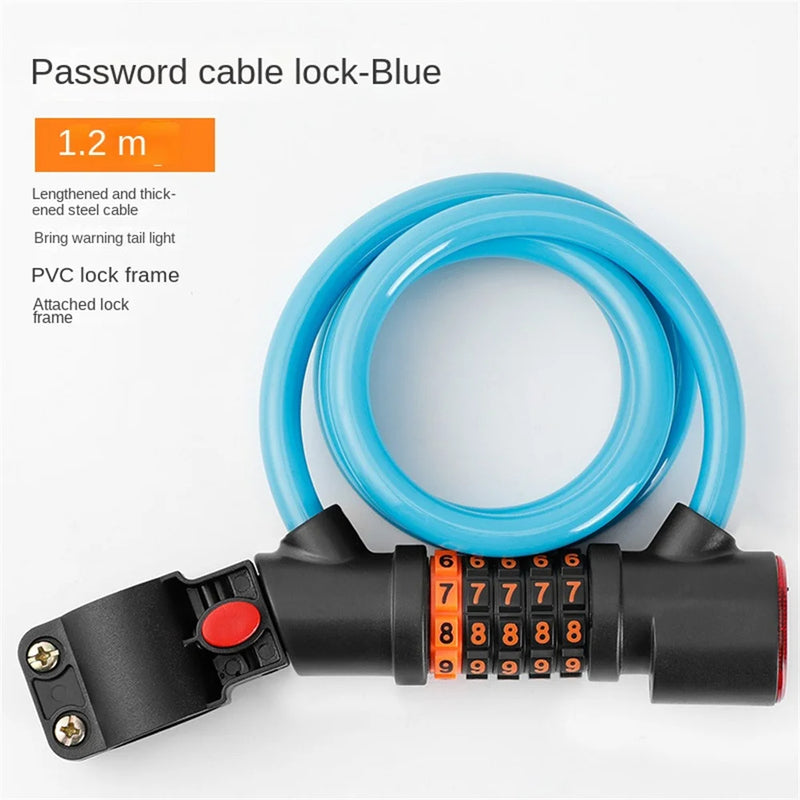 Bike Lock Steel Cable PVC Coated 5-Digit Combination LED Light 260mAh Battery 1.2m