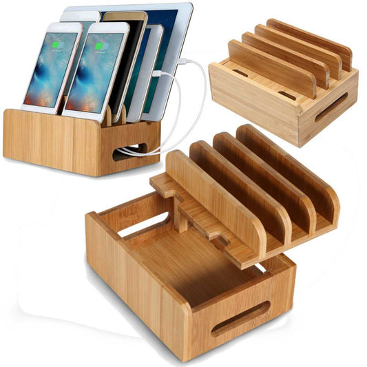 Bamboo Charging Dock Station Organizer Tablets Phones Eco-Friendly Storage Stand