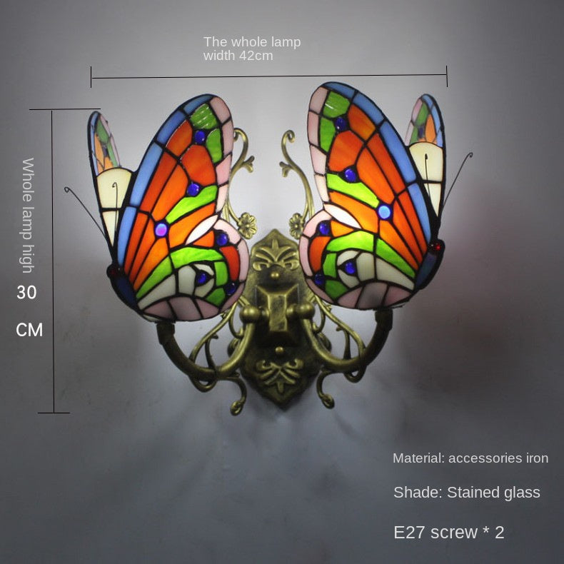 Home Butterfly LED Wall Lamp Stained Glass European Countryside Style Lighting