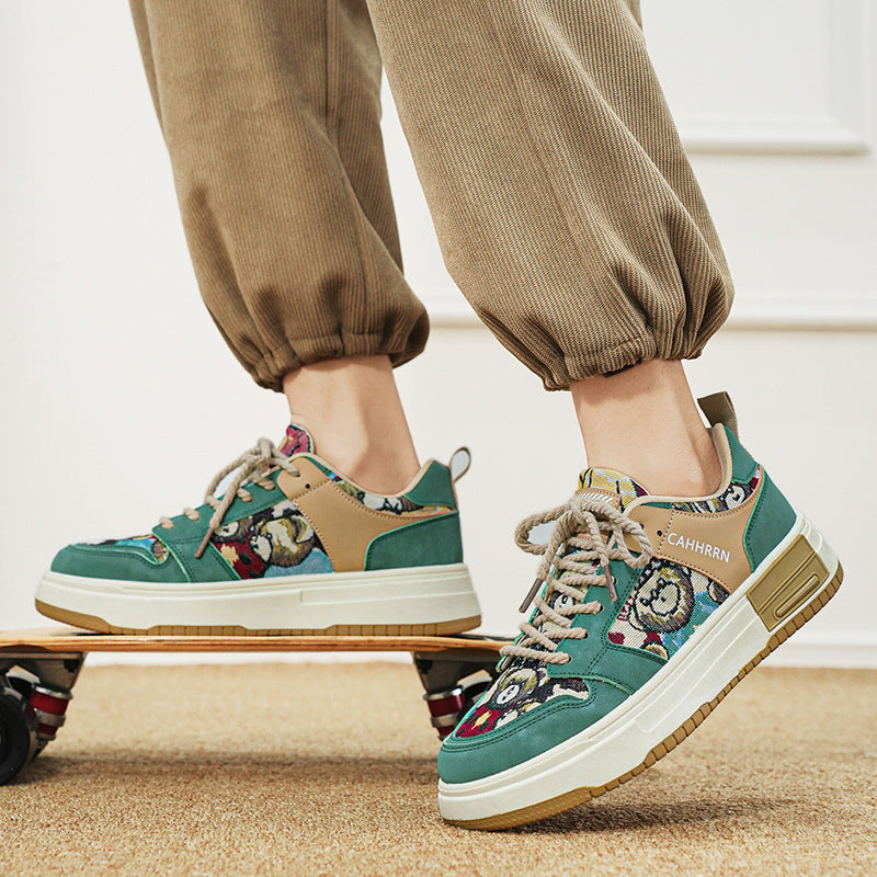 Bear Design Sneakers Low Cut Men's Shoes Japanese Style Lace-Up Casual