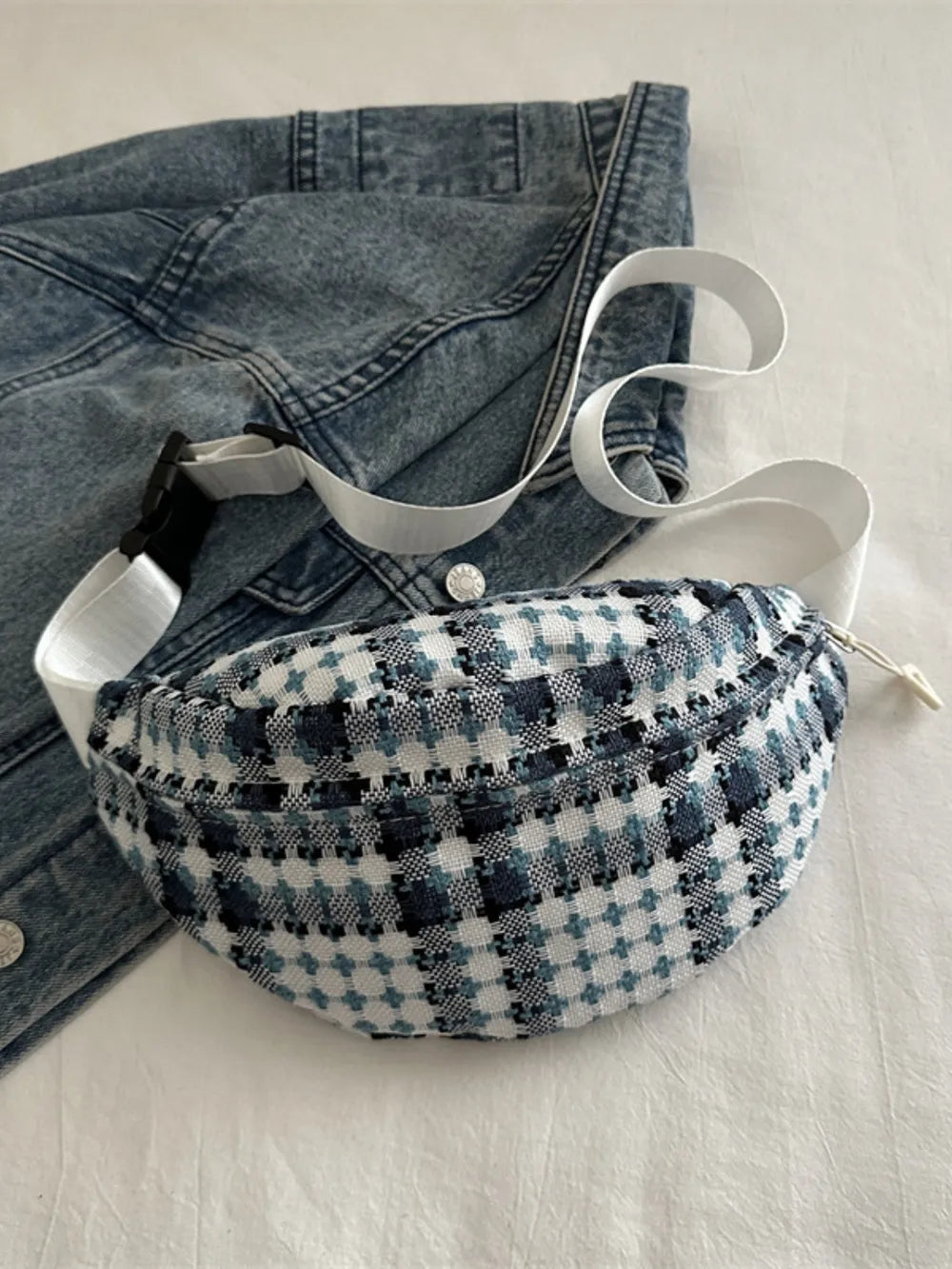 Plaid Wide Strap Crossbody Bag Adjustable Zip Polyester Casual Travel 29.5cm