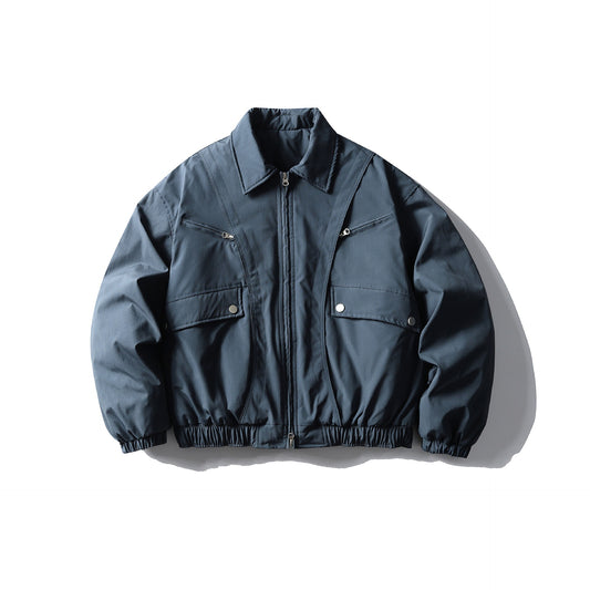 Men's Winter Cotton Jacket with Zipper and Stand-up Collar Spliced Design Detail