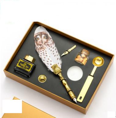 Luxury Owl Feather Quill Pen & Ink Set with Retro Seal Stamp & Accessories