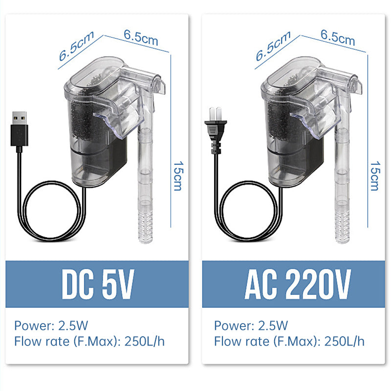 USB or Plug Aquarium Filter 2.5W 250L/H Small Tank Water Purifier 30cm Max Size