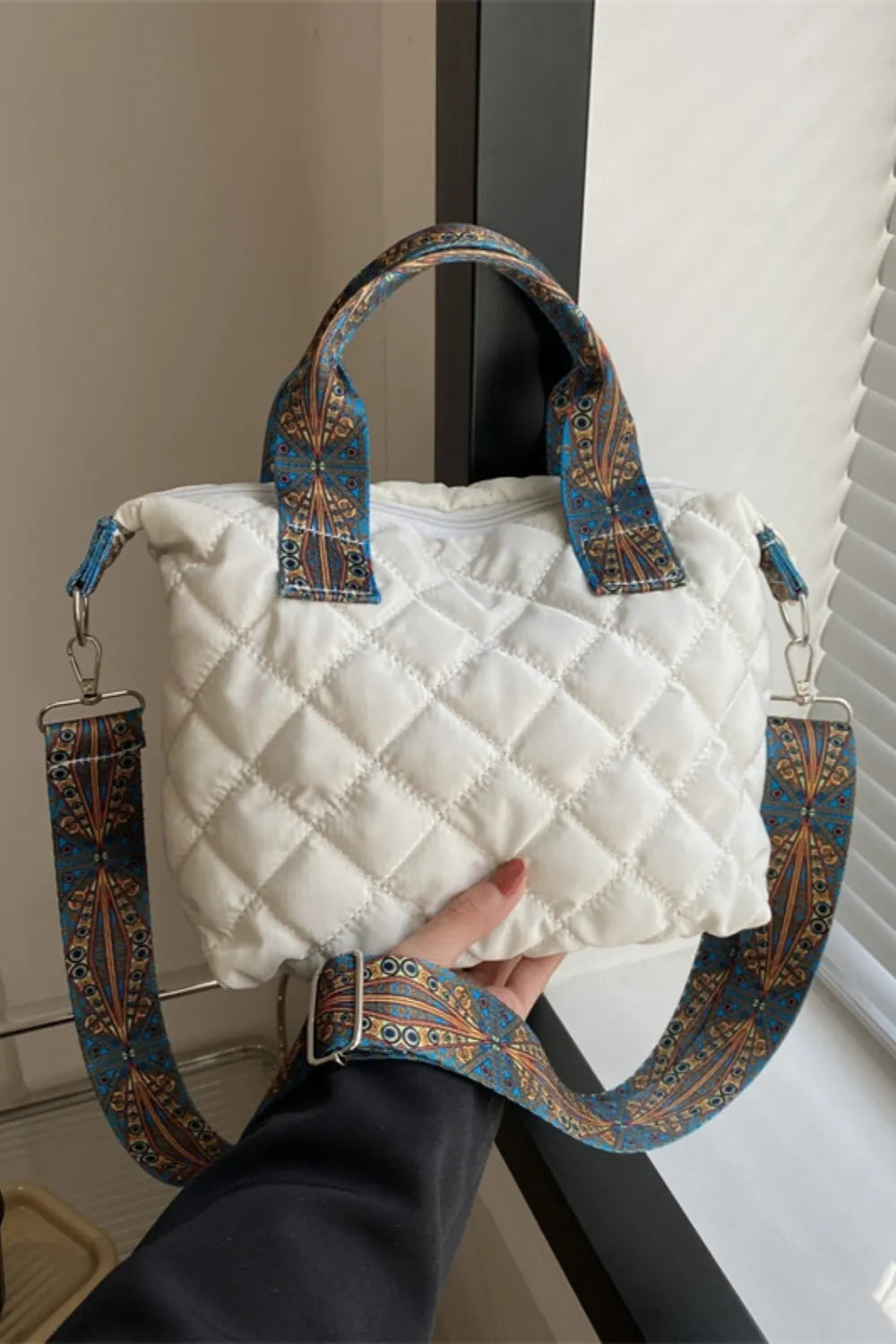 Bubble Quilted Handbag Printed Strap Oxford Cloth Casual Shoulder Bag 34.5cm