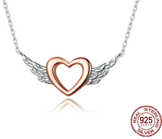 Heart Shaped Wings Necklace Dual Tone Sterling Silver 925 Exquisite Accessory