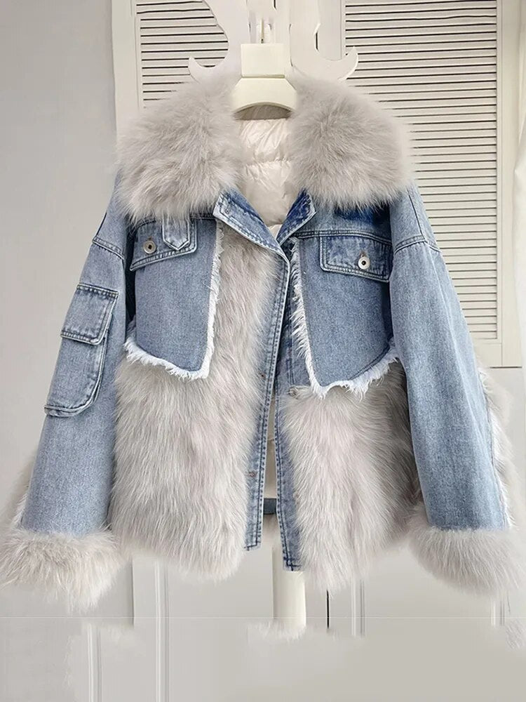 Oversized jean jacket shops with fur