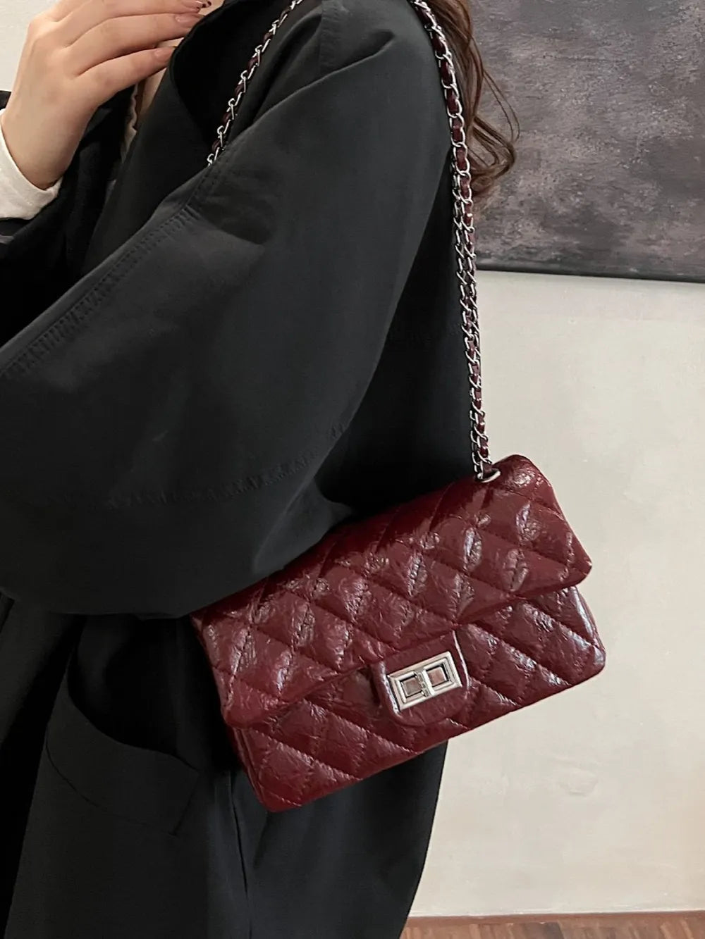 Synthetic Leather Rhombus Pattern Twist Lock Crossbody Shoulder Bag Women's Fashion
