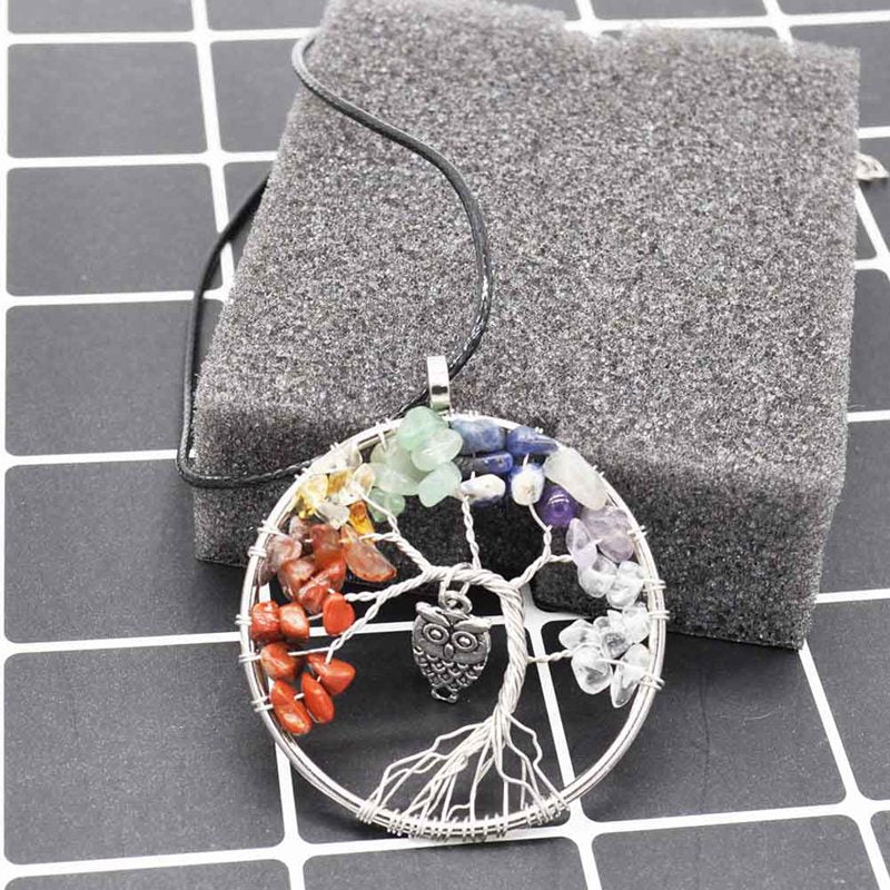 5CM Tree of Life Crystal Natural Stone Owl Dangle Pendant Necklace Gift Jewellery