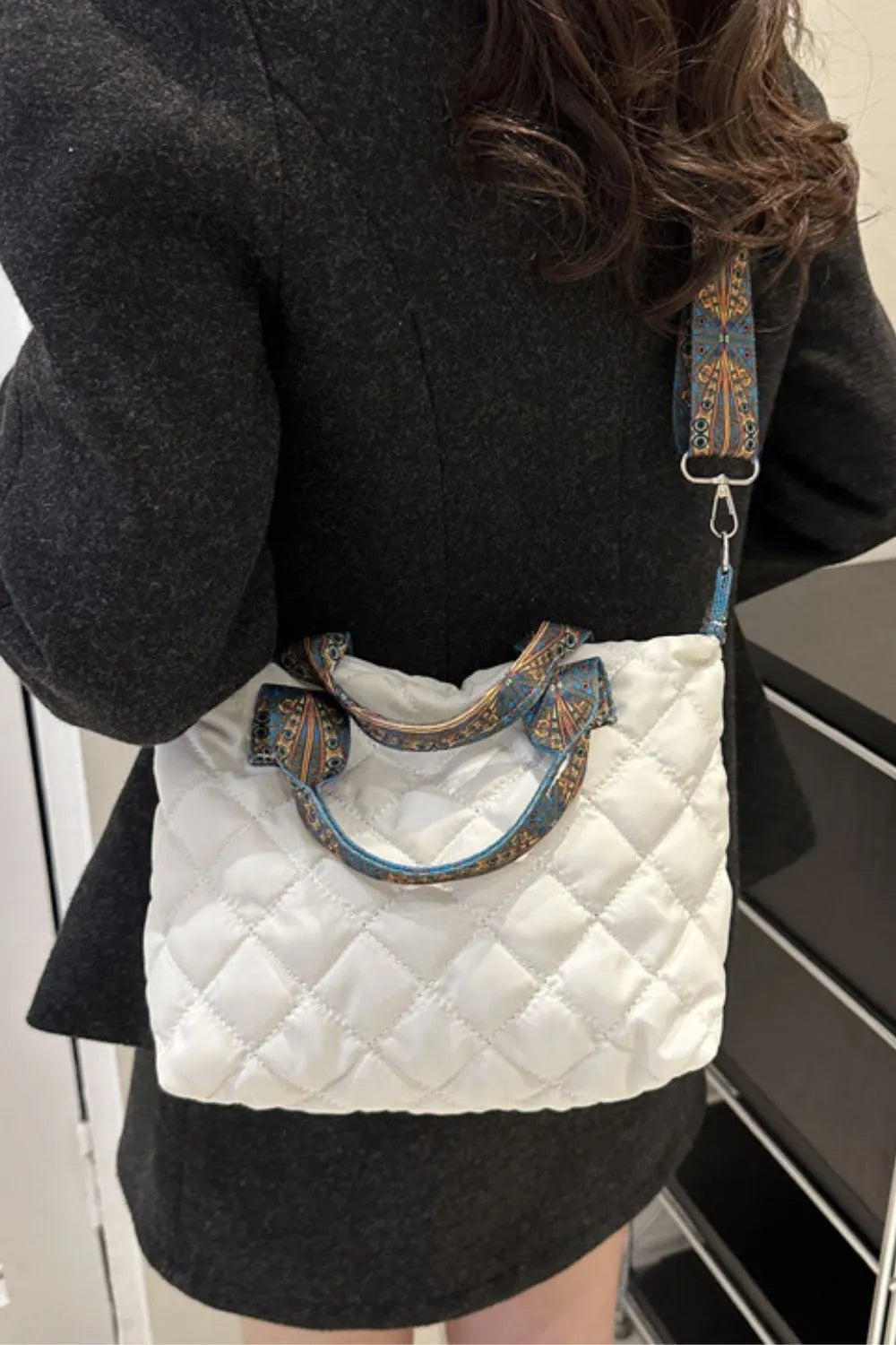 Bubble Quilted Handbag Printed Strap Oxford Cloth Casual Shoulder Bag 34.5cm