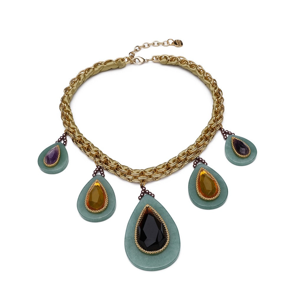 Durable Cuban Link Chain Necklace Green Malachite Stone Inlay Jewellery Piece