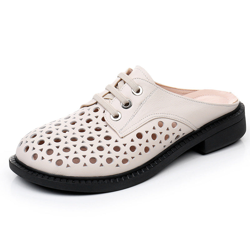 Women’s Leather Hollow-Out Sandals Flat Round Toe Slip-On Mule Shoes Summer