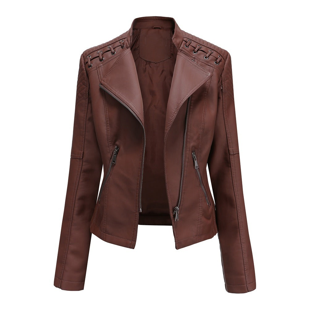 Women's Faux Leather Motorcycle Jacket Slim Fit Short Style Casual Lightweight Coat