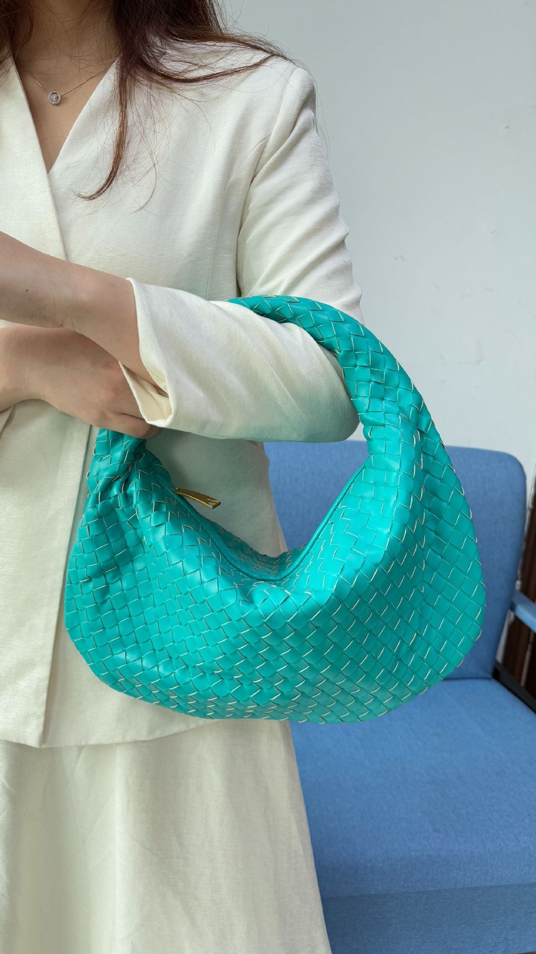 Women's Woven Tote Bag Faux Leather Spacious Lightweight Durable Zip Top Closure