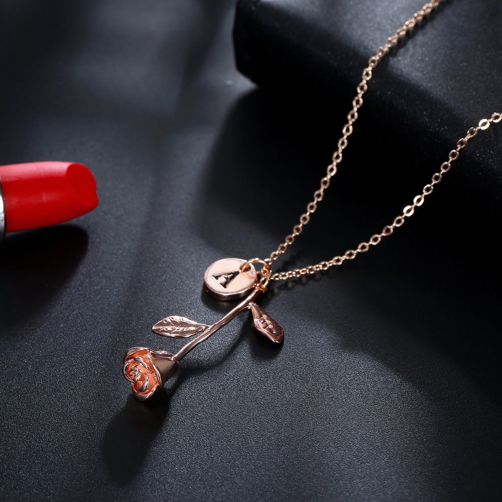 Rose Gold Silver 26 Letter A-Z Dangle Rose Pendant Necklace Birthday Gift