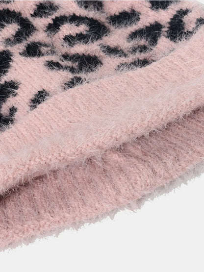 Leopard Print Acrylic Knit Winter Hat with Soft Pompom Stylish Essential Cap