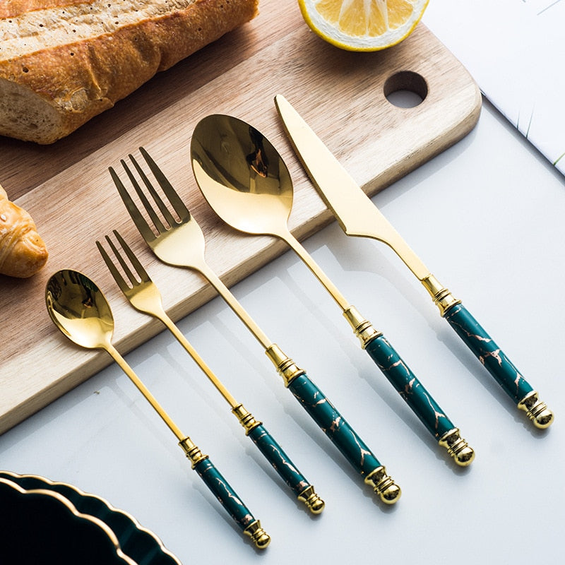 5pcs Ceramic Tableware Fork Spoon Knife Set Vintage Cutlery Set Stainless Steel