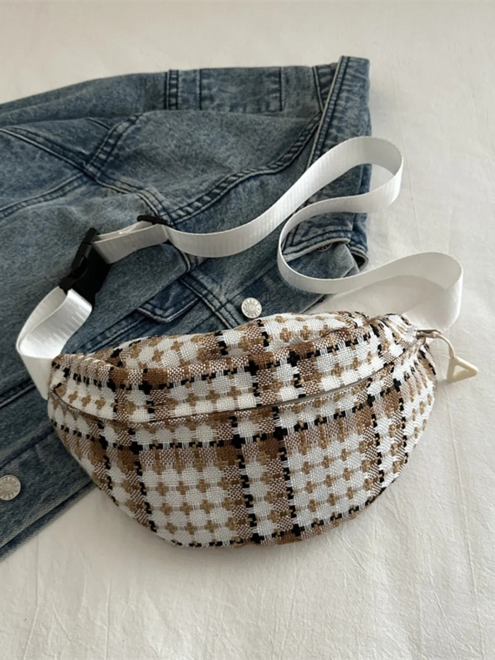 Plaid Wide Strap Crossbody Bag Adjustable Zip Polyester Casual Travel 29.5cm