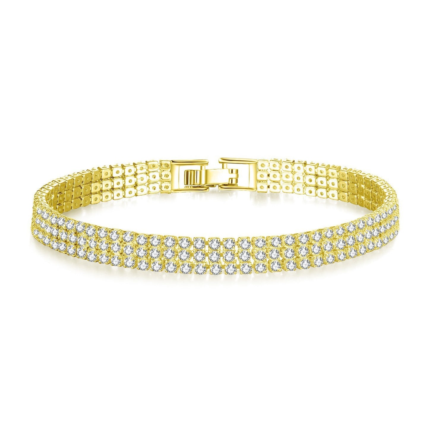 Gold Plated Copper Bracelet Triple Row CZ Crystals 18cm Luxurious Elegant Style