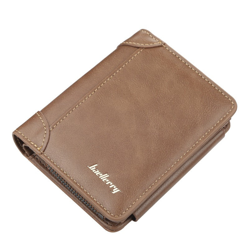 Men's Slim Leather Wallet Three-Fold Multi-Card Secure Zip Pocket RFID Blocking