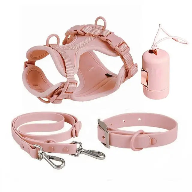 4pc Premium Waterproof PVC Neoprene Pet Harness Leash Collar Bag Dispenser Set