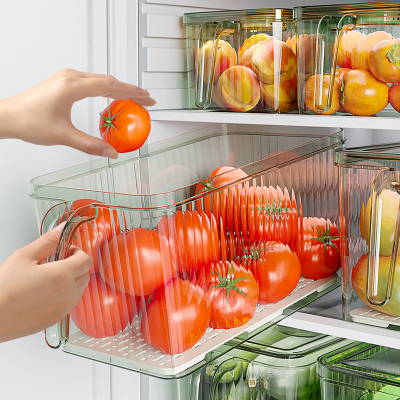 Refrigerator Storage Box Drainable Sealed Stackable Handle Lid Removable Tray