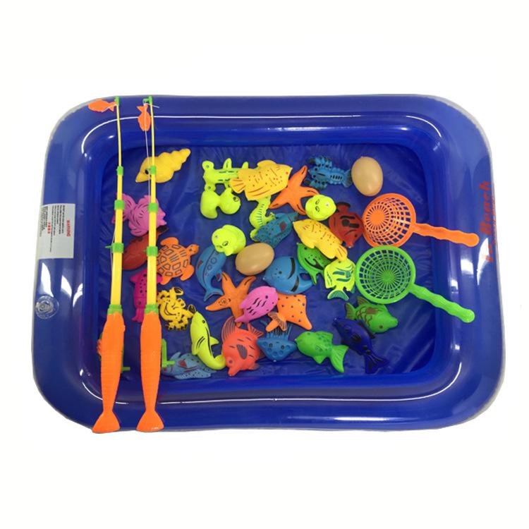 Kids Magnetic Fishing Game Inflatable Pool Set 40 Pieces Outdoor Play Enjoyment